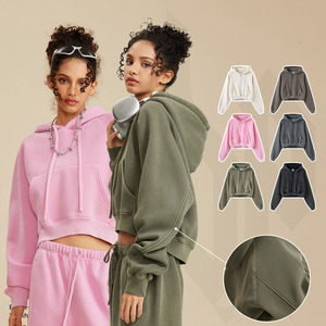 Sweat-shirt à capuche surdimensionné et court en coton 100% personnalisé, style streetwear vieilli, épaules tombantes, pour l'automne, en tissu tissé - Product Image 3