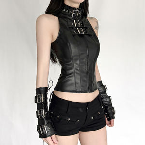 Studded Asymmetric Spandex/Polyester <b>Vest</b>-Gothic Style Metal Accents Breathable <b>Knitted</b> Short Turtleneck Collar for <b>Women</b> Dance - Product Image 2