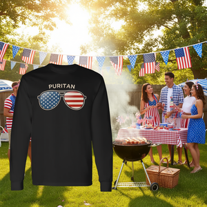 T-shirt puritana a maniche lunghe con design di occhiali da sole con bandiera americana e grafica patriottica - Product Image 3