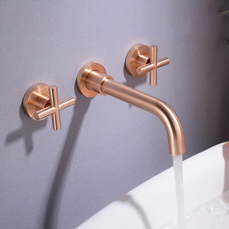 Bathroom Rose Gold Finish Wall Mounted Basin Taps Dual Handles Water Mixer Faucet Kaiping