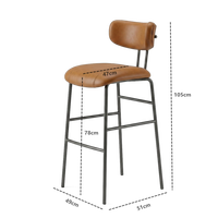 Tabouret de bar en similicuir noir avec structure métallique, dossier incurvé et assise à surpiqûres, style nordique, idéal pour café et projets de bureau