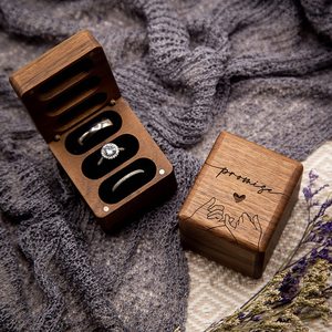 Solid Wood <b>Ring</b> <b>Box</b> Vintage Three Slot Jewelry Storage Engraved Wedding Display Case Rectangle Shape Portable Flip Top - Product Image 1