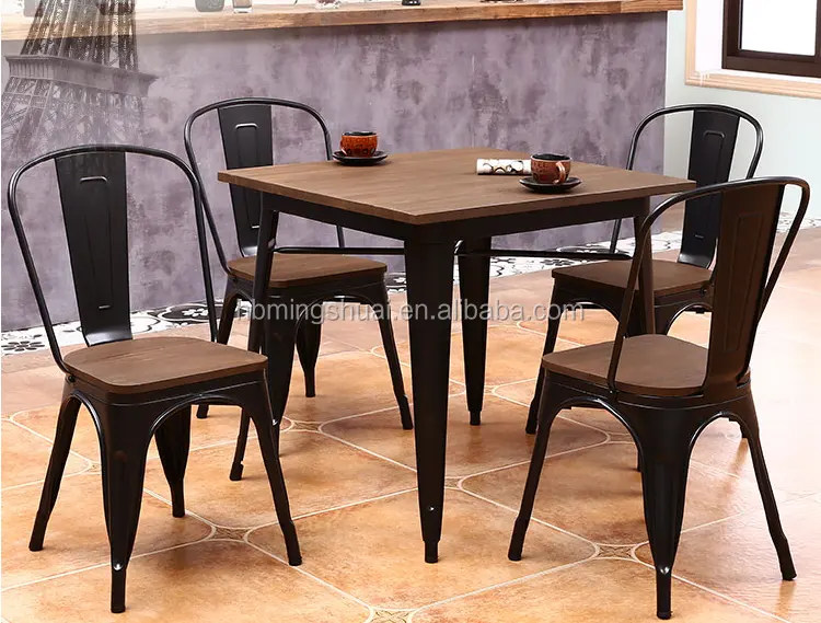 للبيع بالجملة كرسي قابل للتكديس للكافتيريا مصنوع من الفولاذ العتيق الرخيص مناسب للمطاعم طاولة طعام معدنية صناعية أثاث للمطاعم