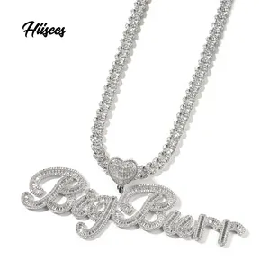 Fashion Hiphop Jewelry Ice Out Name Necklace Real Gold Plated Letter Charm Pendant DIY Private Custom Heart Hook Name Necklace