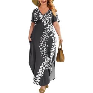 Vestido Maxi POD negro de talla grande para invitados de boda para mujeres con curvas, vestido de cóctel largo de manga corta floral informal de verano con bolsillos - Product Image 1