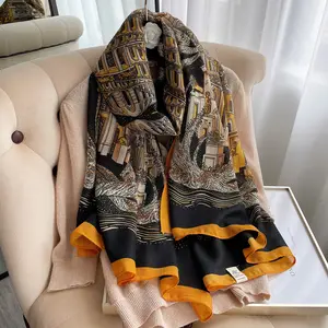 HOT SALE Wholesale New Autumn Ladies Long Black Yellow Pattern Scarf Shawl High Quality Luxury Designer Cotton Printed Scarves