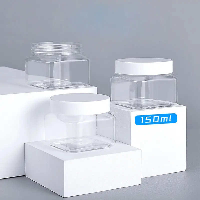 Empty transparent PET plastic jars black amber cosmetic packaging custom skin cream jar with white lid