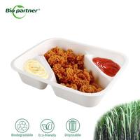 Bandeja de papel de caña de azúcar compostable y biodegradable personalizada con 2 compartimentos para snacks, queso, salsa, chips y nachos, apta para uso alimentario.
