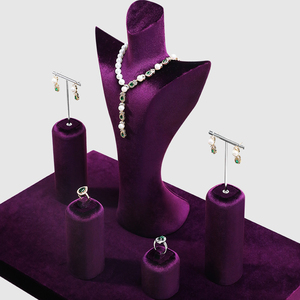 Purple Velvet Jewelry Display Stand with Necklace Holder Ring Cylinder Earring Showcase Counter - Product Image 3