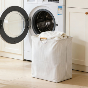 Foldable Striped Cotton <b>Laundry</b> Basket With Wooden Handle Rectangle <b>Standing</b> Type Clothing Organizer For Home Use - Product Image 4