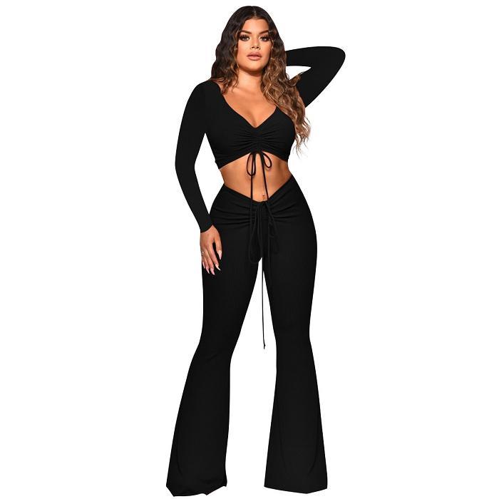 Darong Ensemble Survêtement 2 Pièces Femme - Haut Froncé Manches Courtes Et Pantalon Large Taille Haute