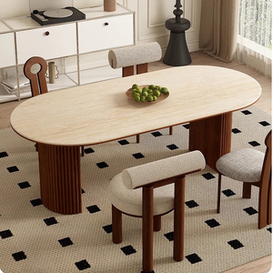 Set di Tavolo da Pranzo Ovale e Sedie in Legno con Piano in Pietra, Stile Moderno Francese di Lusso, Arredamento per Sala da Pranzo - Product Image 2