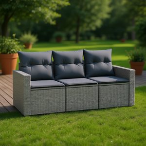 Conjunto de Sofá de Jardín de Ratán Gris, 3 Plazas, Muebles de Exterior con Fundas Extraíbles, Diseño Contemporáneo - Product Image 2