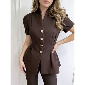 Giacca Estiva Casual da <span class=keywords><strong>Donna</strong></span>, Top Femminile Fatto a Mano con Maniche Corte e Bottoni Vintage, Stile Retrò - Product Image 2