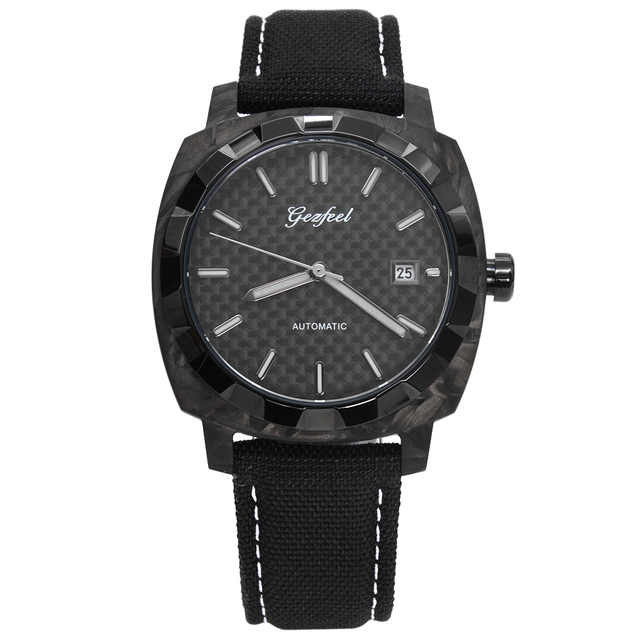 Luxury Business Automatic Watch Unisex Carbon Fiber Case 5ATM Waterproof with Round Shape Cow Leather Band See Through Style