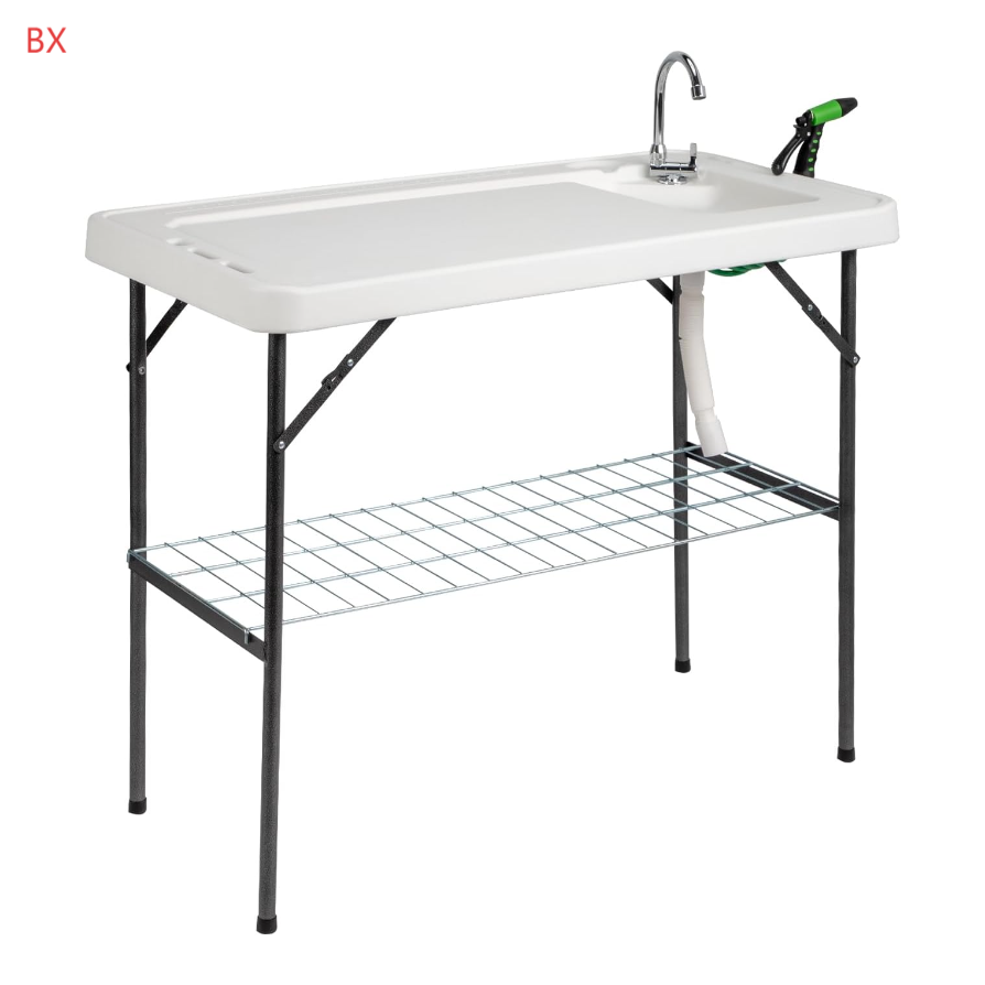 Good Quality HDPE Foldable Fish Fillet Tables with Cleaning Sprayer & Storage Net