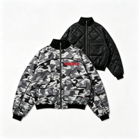 Blouson Bomber Camouflage Personnalisé Réversible Effet Délavé Vintage en Polyester Délavé par le Soleil, Col Montant, Imperméable, Style Streetwear, Rembourré