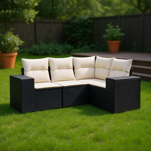 Black Pe <b>Rattan</b> Garden <b>Sofa</b> Set Medium Size Adjustable Feet Contemporary Outdoor Furniture 4 Seater - Product Image 2