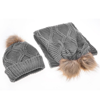 Ensemble de 2 pièces en tricot de cachemire et laine mélangée avec pompon en fourrure, bonnets et écharpes d'hiver pour femmes et filles, ensembles écharpe, bonnet et gants