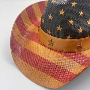 Ventes directes d'usine de chapeaux de Cowboy occidentaux rétro classiques USA drapeau américain peinture chapeau de paille drapeau américain chapeau de Cowboy - Product Image 6