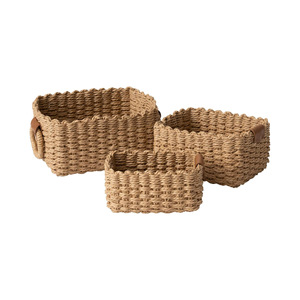 Ensemble de 3 paniers de rangement tressés à la main avec poignées en cuir marron, bac de rangement pour la décoration de la maison - Product Image 1