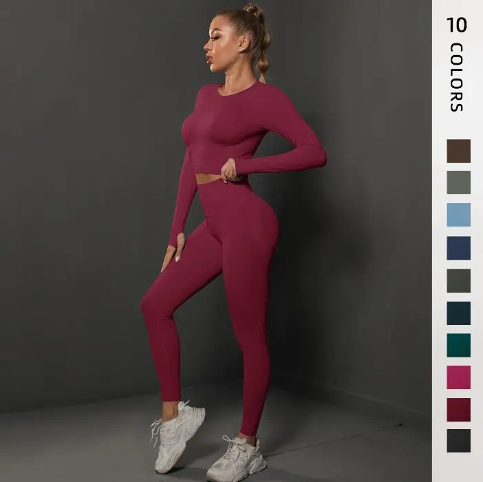 Gym Fitness Sets 2022 Woman Crop Top long sleeve Ribbed Set High Quality Long Leggings Seamless Yoga Suit for women