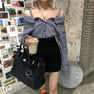 Off Shoulder Striped Shirt High Waist Bodycon <b>Skirt</b> Women's 2025 New Style <b>Patchwork</b> Long Sleeve Dress - Product Image 2