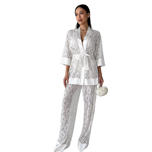Conjunto de Pantalones y Top de Encaje con Parches para Mujer, Informal, de Invierno y Verano, Dos Piezas, Pijamas al por Mayor, Tejido de Primavera y Otoño, 100% Poliéster - Product Image 1