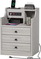 Table de chevet avec station de charge, table de nuit avec huche et tiroirs de rangement, table d'appoint pour chambre à coucher, gris