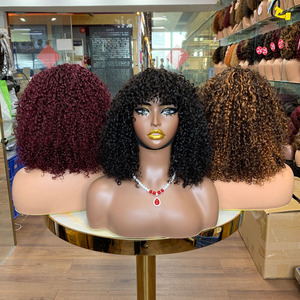 Perruque en cheveux humains de grande taille, style pixie curl, SDD, 14 pouces, densité 200%, fabrication mécanique, frange, perruques bob - Product Image 1