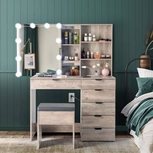 <b>Vanity</b> Desk with Sliding <b>Mirror</b> & <b>Lights</b> Charging Station Drawers, Farmhouse Modern Makeup Set Stool for Bedroom - Product Image 4