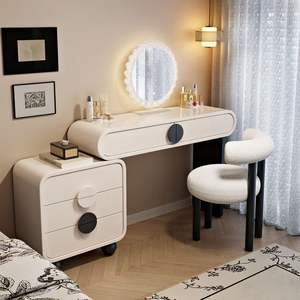 Table de toilette moderne en bois massif, simple, crème, éclairée, extensible, avec tiroirs, intégration d'angle, chambre d'hôtel - Product Image 4