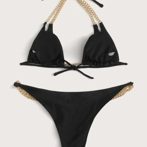 ชุดบิกินี่ผู้หญิงแบบใหม่ ผ้าเมทัลลิกสีพื้น ชุดว่ายน้ำสองชิ้นแบบไหล่เดียว บราดันทรง แห้งเร็ว สายวีเซ็กซี่ - Product Image 2