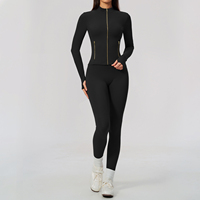 Jaket Wanita Kerah Tegak Resleting, Legging Pinggang Tinggi, Set Yoga, Ritsleting Emas, Lubang Jempol, Pakaian Olahraga Fitness, Tersedia 5 Warna