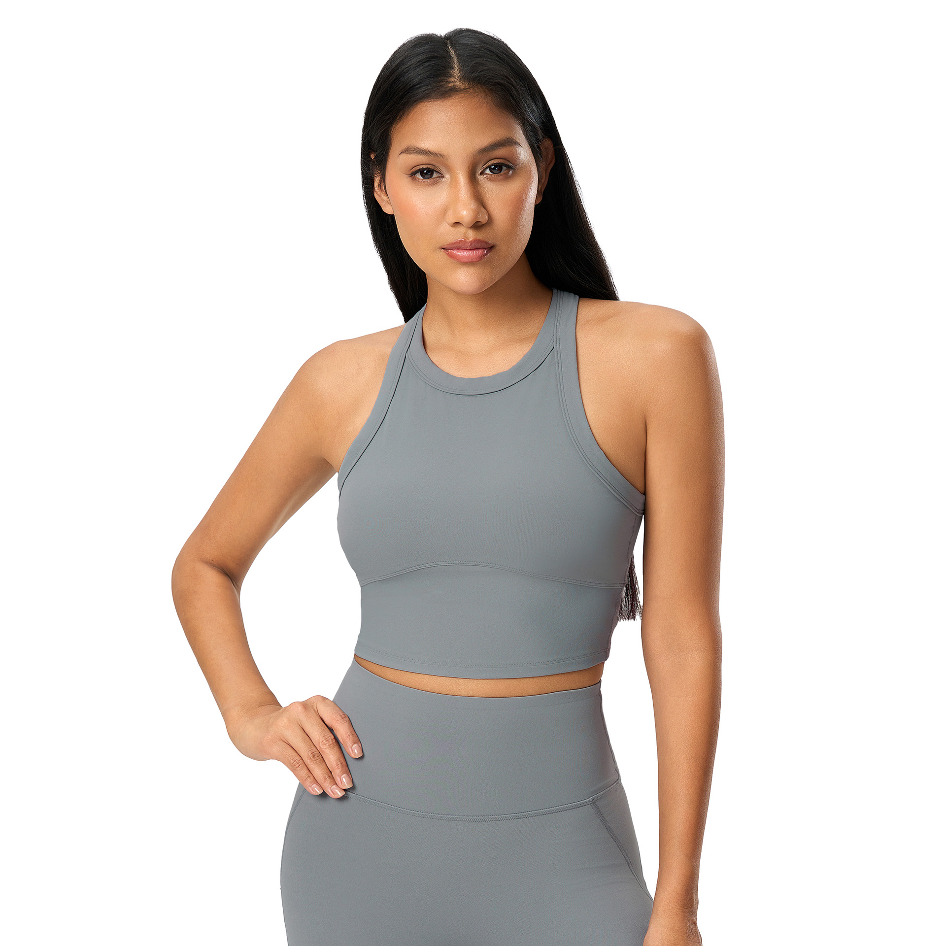 Short Sleeveless Sports Vest Elastic Fixed Cup High Round Neck Barely There Feel Gym Fitness Women's Yoga Top