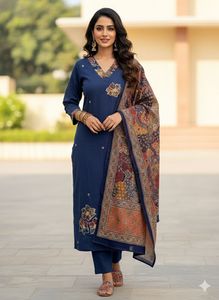 Ensemble Salwar Kameez en coton bleu pour femmes, tenue traditionnelle indienne/pakistanaise pour les fêtes, vêtements d'été, longueur cheville, coupe régulière, design brodé - Product Image 2