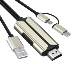 Cabo 3 em 1 Micro USB Tipo C para HDMI 2m com áudio sem fio para iPhone, Macbook, Samsung, S8, S9, Android, Telefone para HDTV