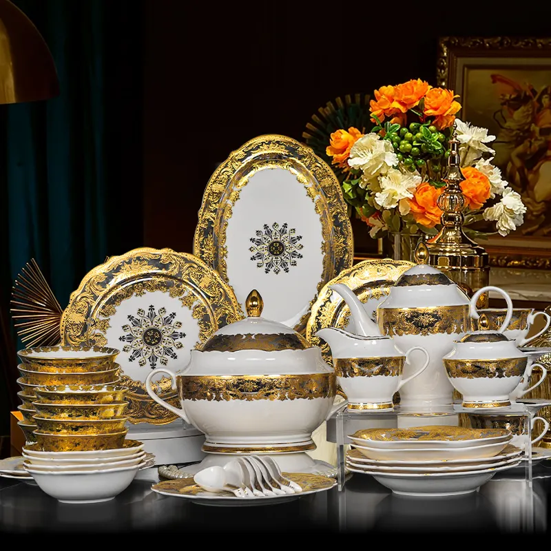 92 piezas Bone China estilo de lujo decoración dorada hermoso patrón Apto para lavavajillas juego de cena