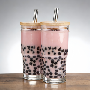 كوب زجاجي قابل لإعادة الاستخدام سعة 24 أونصة مع غطاء خشبي وقشة وغلاف سيليكون كامل - Product Image 3