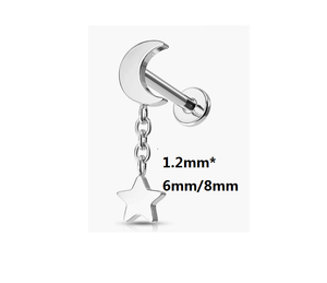 Orecchini Pendenti a Stella e Luna con Catena Verticale Nascosta, in Acciaio Inossidabile 316L, con Chiusura a Pressione Senza Filettatura per Cartilagine e Rook - Product Image 6