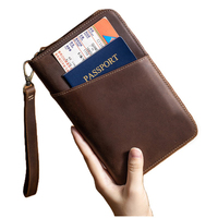 Dompet Kulit Asli Keluarga untuk Dokumen Perjalanan dan Paspor dengan Ritsleting, Tempat Kartu, Warna Kopi, Kulit Crazy Horse