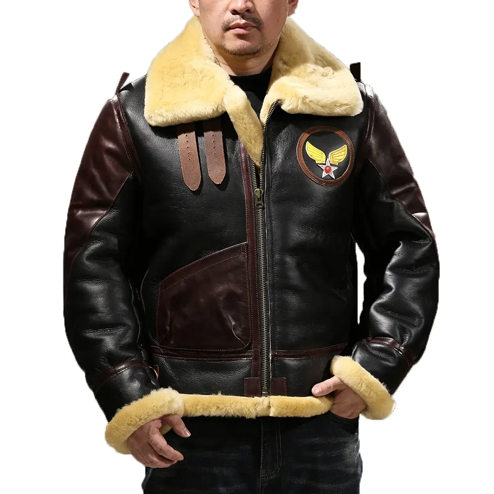 Nuovo modello Mens Shearling Fur Leather Jacket Casual vera pelle Flight Fasion Bomber Pilot Retro giacca di pelle di pecora all'ingrosso