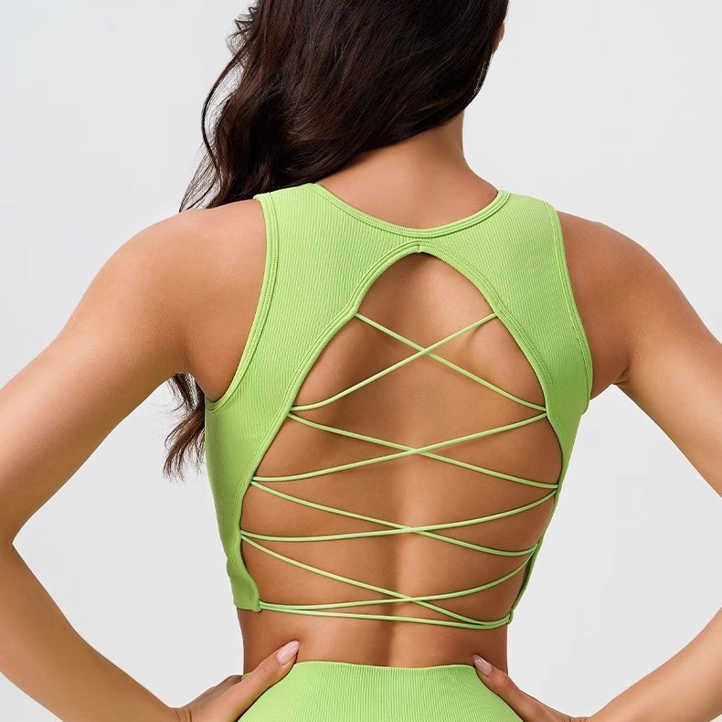 Seamless Ribbed Yoga Tank Top Women Backless Criss Cross Crop Top Gym Fitness Workout Sleeveless Athletic Shirt Activewear