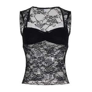 Ensemble deux pièces respirant en dentelle florale, camisole à col en V, haut sexy transparent extensible sans manches pour femmes, été - Product Image 6