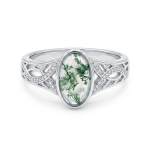 แหวนโมสอาเกตสีเขียวรูปไข่ เงินแท้ 925 ชุบโรเดียม ประดับเพชรแบบฝัง ลวดลายฉลุ ขอบเพชรแบบฟิลิกรี แหวนพลอยคลาสสิกสำหรับผู้หญิง - Product Image 1