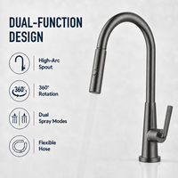 Robinet de cuisine gris en laiton massif, extractible, double jet, rotation à 360°, mitigeur d'évier à arc haute, vente en gros OEM
