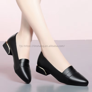 Factory Wholesale <b>Black</b> Leather <b>Pumps</b> - Pointed Toe Block Heel Office Daily Women's Shoes - Product Image 3