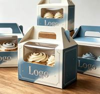 Boîte à cupcakes personnalisée biodégradable avec poignée bleue dégradée, fenêtre transparente, emballage de luxe pour gâteaux et desserts