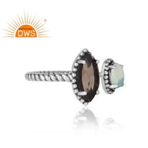 Ethiopian Opal Smoky <b>Quartz</b> Gemstone <b>Ring</b> Prong Set Sterling Silver Oxidized Adjustable <b>Ring</b> Jewelry Supplier - Product Image 3