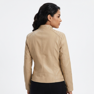 Luxury Women's <b>Cream</b> Real Leather Moto <b>Jacket</b> Sleek Tailored Stand Collar Zip Front Lightweight Winter Biker Outerwear <b>Jackets</b> - Product Image 3